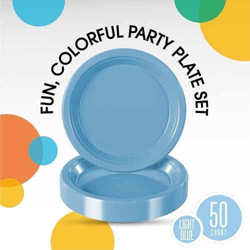 Party Solids Sturdy Light Blue Plastic Plates 9" Party Plates 50 Pcs - Image 2