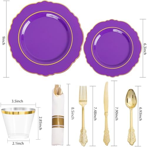 Liacere 175PCS Purple Plastic Plates-Disposable Purple and Gold - 25 guest Baroque Plastic Dinnerware include 50Plates,25Pack Pre Rolled Napkins with Silverware 25Cups for Wedding&Party＆Halloween - Image 6