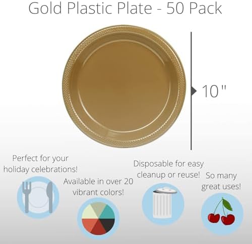 Exquisite Party Solids Sturdy Gold Plastic Plates 10" Party Plates 50 Pcs - Image 3