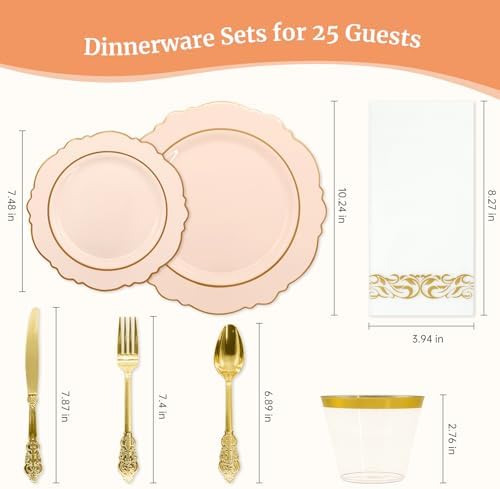AIRE Pink Gold Plastic Plates Set, 175PCS Disposable Dinnerware for 25 - Image 2