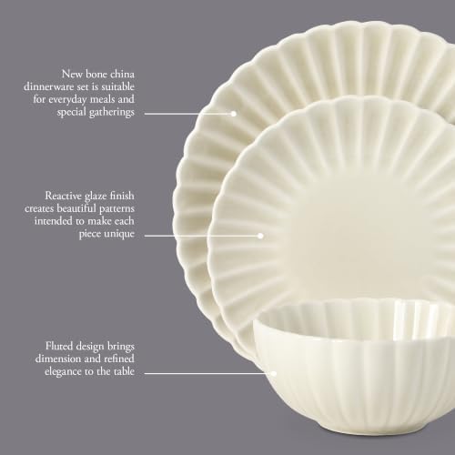Gibson Elite Peach Orchard 12-Piece New Bone China Dinnerware Set Service for 4, Embossed Fluted Plates and Bowls, Dishwasher and Microwave Safe, Cream White - Image 3