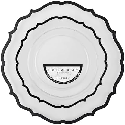 PLASTICPRO 64 Pack Elegant Disposable Plastic Plates Combo Set Includes 32 Dinner Plates and 32 Salad Plates Heavy Duty Fancy Party Plates Clear & Black Contemporary Design by PLASTICPRO
