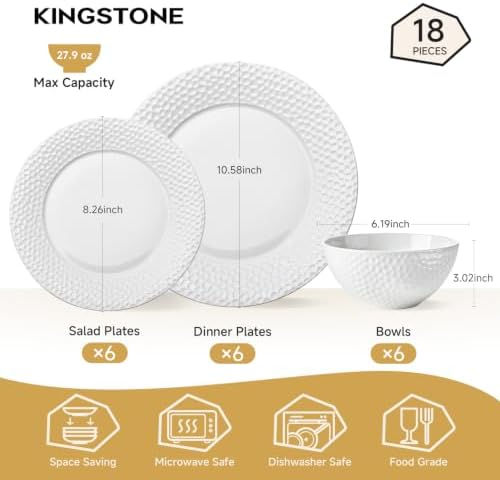 KINGSTONE 18Pcs Hammered Rim White Bone China Set, Service for 6 - Image 2