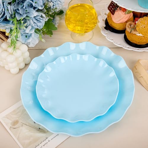 LIYH 24Pcs Light Blue Scalloped Plastic Plates Reusable For Party Events - Image 6