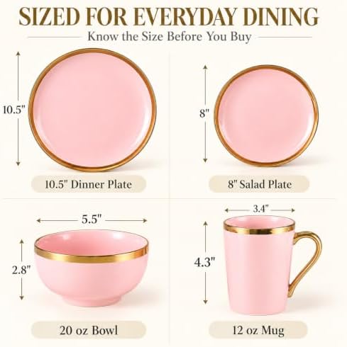 Pink and Gold Dinnerware Set for 4, 16-Piece Porcelain Gold Rim - Image 3
