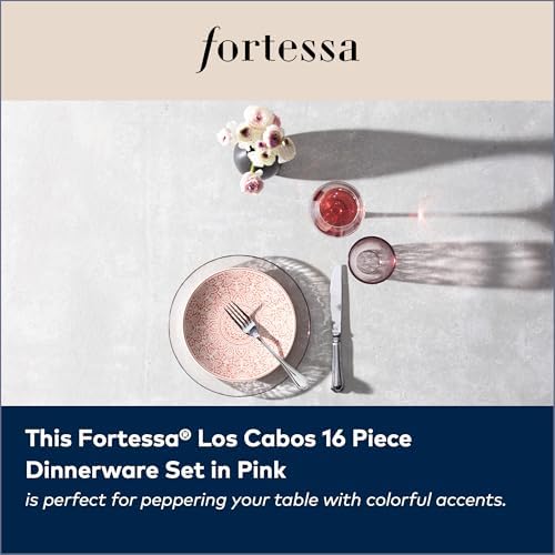 FORTESSA Los Cabos Tableware, 16-Piece Glass Dinnerware Set with 4 Dinner Plates, 4 Salad Plates, 4 Coupe Bowls and 4 Cereal Bowls, Dishwasher-Safe Glass Plate Set, Pink - Image 3