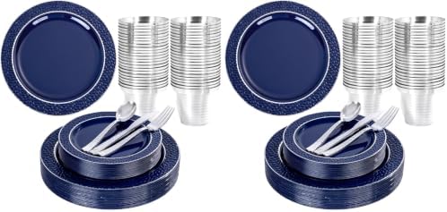 Ciaell 150 PCS Blue and Silver Plastic Plates - Blue Disposable Plate include 50 Plates, 25 Knives, 25 Forks, 25 Spoons, 25 Cups for Weddings & Party (Pack of 2) by Ciaell