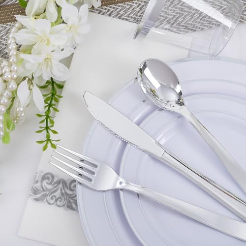 WELLIFE 700 Pieces Silver Plastic Dinnerware Set for 100 Guests - Includes Plates, Cups, Napkins, and Disposable Cutlery - Elegant White & Silver Design, Perfect for Parties and Events - Image 6
