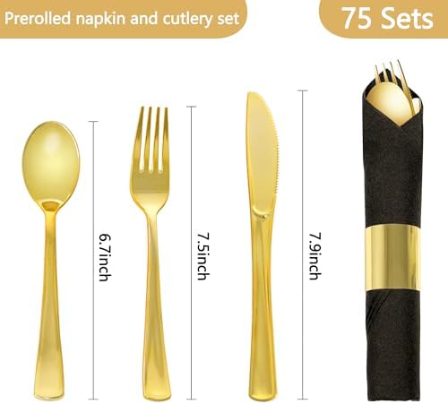 75 Pack Pre Rolled Gold Plastic Silverware Set with Napkin - Image 2