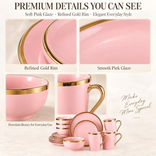 Pink and Gold Dinnerware Set for 4, 16-Piece Porcelain Gold Rim - Image 4