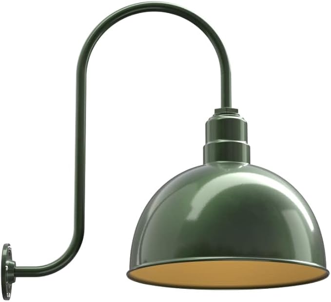 Steel Lighting Co. Hollywood Bowl Light | Outdoor Wall Mounted | 15 inch Bowl Dome | Upward Sloping Gooseneck | Barn Light Made in America | Hunter Green Exterior/Brass Interior