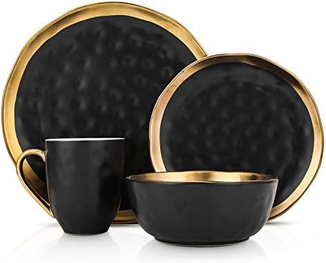 Stone Lain Florian Modern Porcelain Dish Set, 32-Piece Dishes for 8, Gold and Black - Image 4