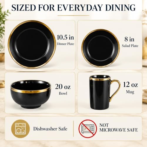 Black and Gold Dinnerware Set for 4, 16-Piece Porcelain - Image 3