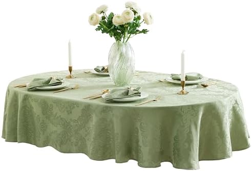 Newbridge Barcelona Damask Fabric Tablecloth, 60 x 84 Inch Oval, Sage Green – No Iron, Soil Resistant Table Cover for Dining, Parties and Holidays - Image 2