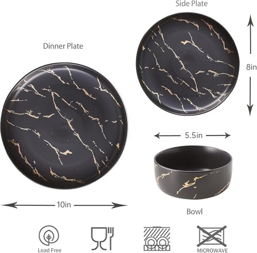 Pokini Black Gold Splash Dinnerware Sets, Porcelain Plates and Bowls Sets - Image 2