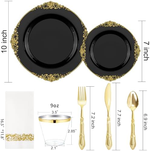 Morejoy 175PCS Black and Gold Plastic Plates Dinnerware Sets for 25 Guests - Image 2