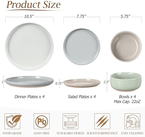 LIANYU 12 Piece Ceramic Dinnerware Set, Stoneware Dinner Dish Set for 4, Kitchen Modern Dishware Plates and Bowls, Scratch Resistant, Assorted Colors - Image 3