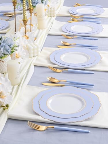 WDF 60pcs Blue Plates Disposable With Gold Rim - Baroque Baby Blue Plastic Party Plates for Wedding/Party/Baby Shower/Spring (Pack of 2) - Image 6