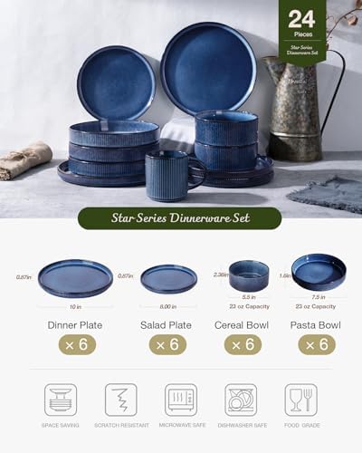 Famiware Star Stoneware Dinnerware Sets with Pasta Bowls, 24pc Dishes for 6 - Image 3