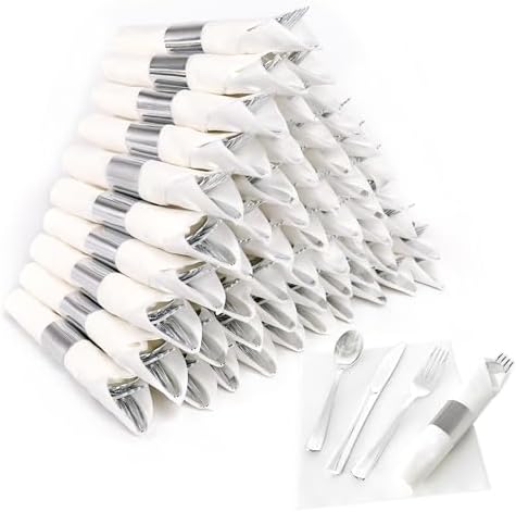 50 Pack Pre Rolled Silver Plastic Silverware Set with Napkins by Dlebay
