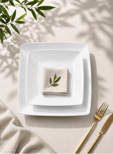 Porcelain Square Dinner Plates, 10.75 Inch White Plates, Set of 4 - Image 4