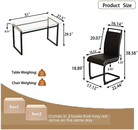 Glass Dining Table Set for 4, Modern Rectangle Dining Table Set for 4, Kitchen Table and Chairs Set for 4 Suitable Living Room,Kitchen,Small Apartment