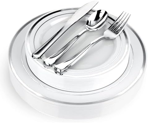 125-Piece White and Silver Fancy Plastic Plates Disposable with Silverware, Elegant Dinnerware for Weddings, Holiday Party China, Set of 25 Dinner + Salad Plates, 25 Spoons, 25 Forks, 25 Knives by StockYourHome