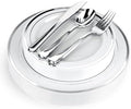 125-Piece White and Silver Fancy Plastic Plates Disposable with Silverware, Elegant Dinnerware for Weddings, Holiday Party China, Set of 25 Dinner + Salad Plates, 25 Spoons, 25 Forks, 25 Knives by StockYourHome