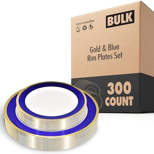Stock Your Home 300 Piece -Blue And Gold - Disposable Plastic Plates For Weddings, Holidays, Parties, Catering And Everyday Use - 150 Dinner Plates And 150 Salad Plates by StockYourHome