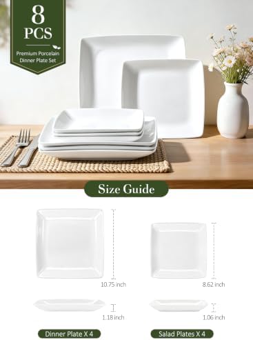 Porcelain Square Dinner Plates, 10.75 & 8.4 Inch White Plate Set of 8 - Image 3