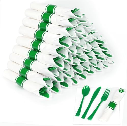 50 Pack Pre Rolled Green Plastic Silverware Set with Napkin by Dlebay