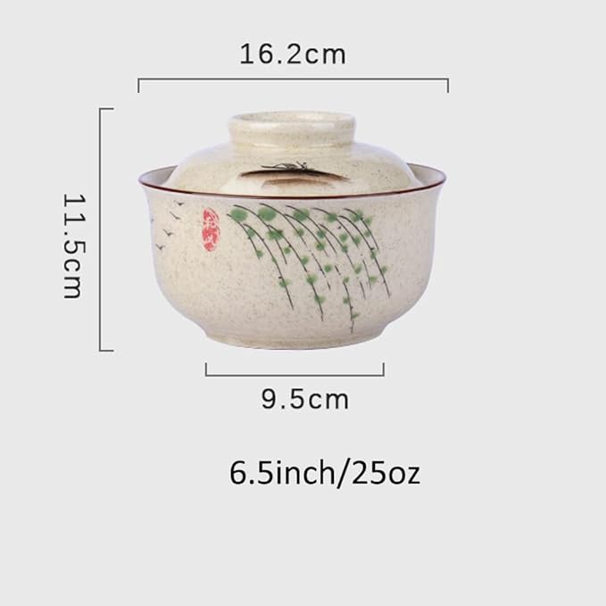6.5 inch Retro Ceramic Ramen Bowl with Lid,Japanese Style Personalized Dinnerware For Noodle Rice Porridge Soup Fruit Sala (6.5inch, C)