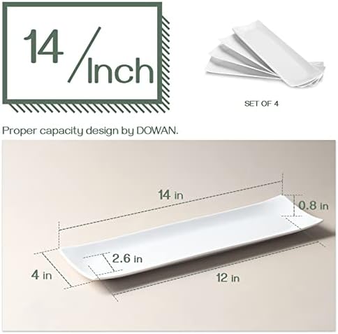 DOWAN 14" Sushi Plate Set of 4 - Long Rectangle Plates and Cracker Trays for Serving - White Ceramic Platters for Party and Entertaining - Dishwasher & Oven Safe - Image 6