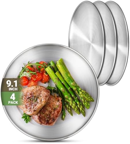 Metal Camping Plates, 4 Pack 9.1 inch 304(18/8) Stainless Steel Plates, Reusable Pizza Food Serving Snack Eating Salad Dishes Round Shatterproof Plate Silver Dinnerware Dinner Oven Safe by Offiper