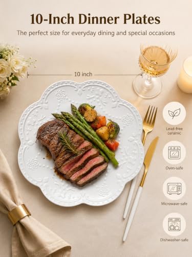 10 Inch White Ceramic Dinner Plates Set of 4, Embossed Floral Butterfly Plates with Scalloped Beaded Rim, Vintage Dinnerware for Family Meals, Pasta, Steak and Holiday Entertaining - Image 3