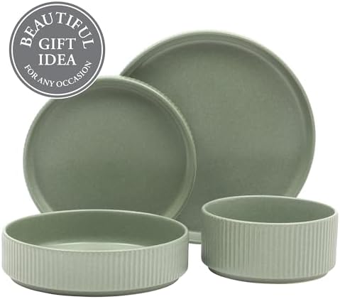 Gibson Elite Deerfield 16-Piece Stoneware Dinnerware Set – Matte Green Stackable Plates and Bowls, Reactive Glaze Finish, Service for 4 – Microwave & Dishwasher Safe - Image 4
