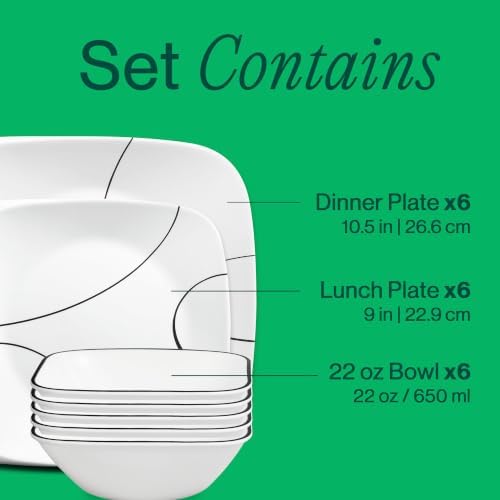 Corelle 18-Piece Service for 6 Dinnerware Set Triple Layer Glass and Chip Resistant, Lightweight Square Plates and Bowls Set, Simple Lines - Image 3