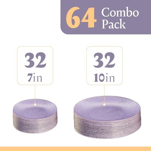 PLASTICPRO 64 Pack Elegant Disposable Plastic Plates Combo Set Includes 32 Dinner Plates and 32 Salad Plates Heavy Duty Fancy Party Plates Purple Granite Plates with Gold rim - Image 5
