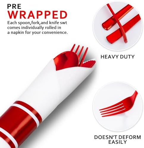 400PCS Pre Rolled Red Plastic Silverware Sets Heavy Duty for Wedding - Image 2