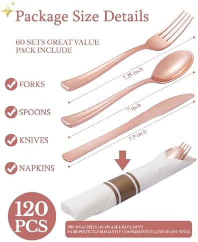 Supernal 60 Pack Rose Gold Plastic Silverware Cutlery Set with Napkin - Image 5