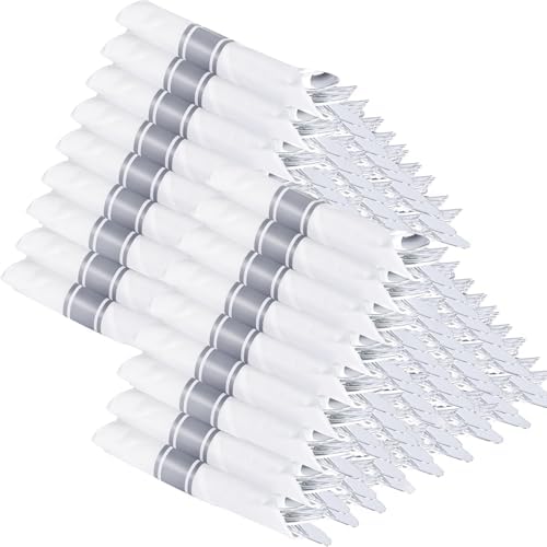 Supernal 100 Pack Pre Rolled Silver Plastic Silverware with Napkins by supernal