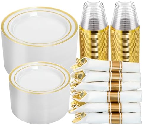 N9R 350PCS White and Gold Plastic Plates, Disposable Dinnerware Set by N9RTABLEWARE