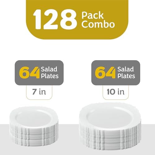PLASTICPRO 128 Pack Elegant Disposable Plastic Plates Combo Set Includes 64 Dinner Plates and 64 Salad Heavy Duty Fancy Party Plates White Embossed Victorian Design - Image 4