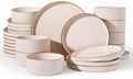 Famiware Stoneware Dinnerware Sets for 8, Rimmed Plates, Bowls, Pink Dishes by Famiware