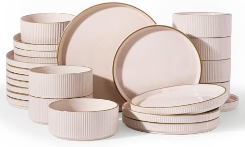 Famiware Stoneware Dinnerware Sets for 8, Rimmed Plates, Bowls, Pink Dishes by Famiware