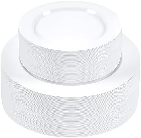 SETUP 100-Piece White Plastic Dinnerware Set – 50 10.25" Dinner & 50 7.5" Salad Plates – Heavy-Duty Disposable for Weddings, Catering, Parties by SETUP