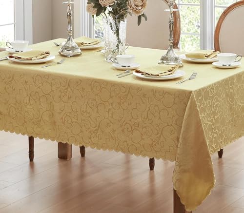 Newbridge Portofino Scalloped Damask Fabric Tablecloth, 60 x 84 Inch Rectangle, Gold, Wrinkle and Stain Resistant Fine Dining Holiday Party Table Cover - Image 4