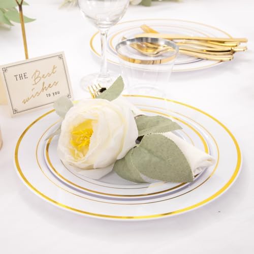 WELLIFE 210 Piece Gold Plastic Dinnerware Set, Include: 30 Dinner Plates, 30 Dessert Plates, 30 Pre Rolled Napkins with Silverware and 30 Cups - Image 5