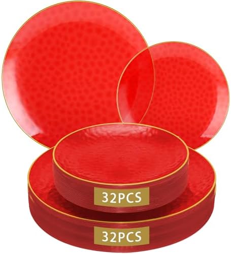 64 Pcs Red Plasitc Plates for Patriotic Day, 32 Guests Clear Red Plates with Gold Rim, Hammered Plastic plate for 4th of July, Baby Shower Wedding by BONSINY