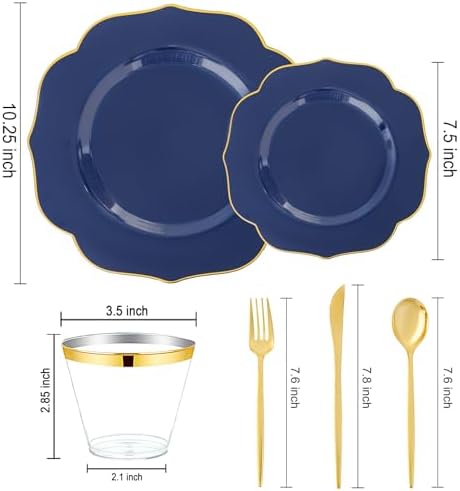 bUCLA 180PCS Blue Plastic Plates - Navy Blue and Gold Rim Disposable Include 30 Each (Dinner & Dessert) Plates, 30 Knives, 30 Forks, 30 Spoons and 30 Cups, Ideal for Party & Labor Day - Image 2